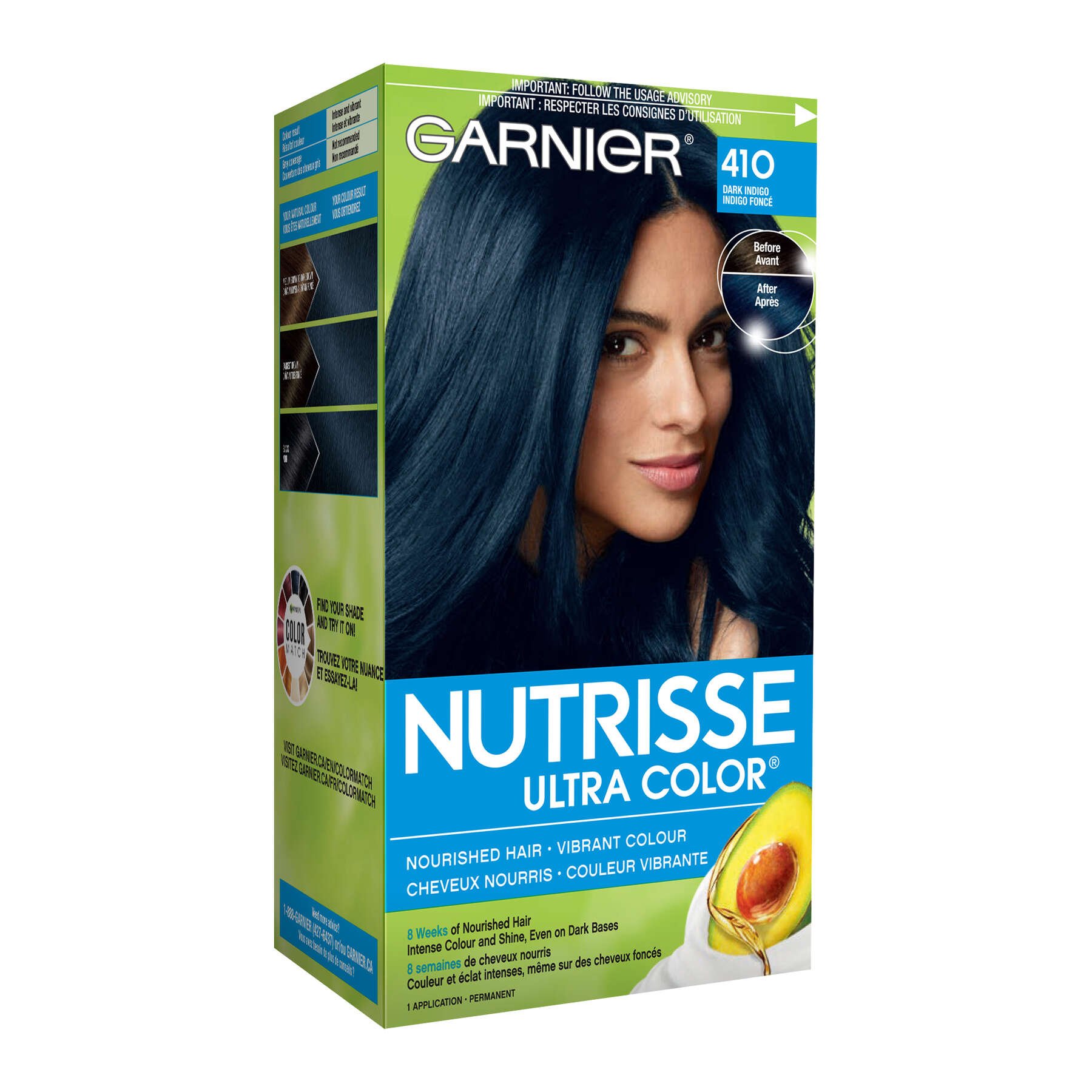 garnier hair dye nutrisse ultra color 410 dark indigo 603084571833 boxed