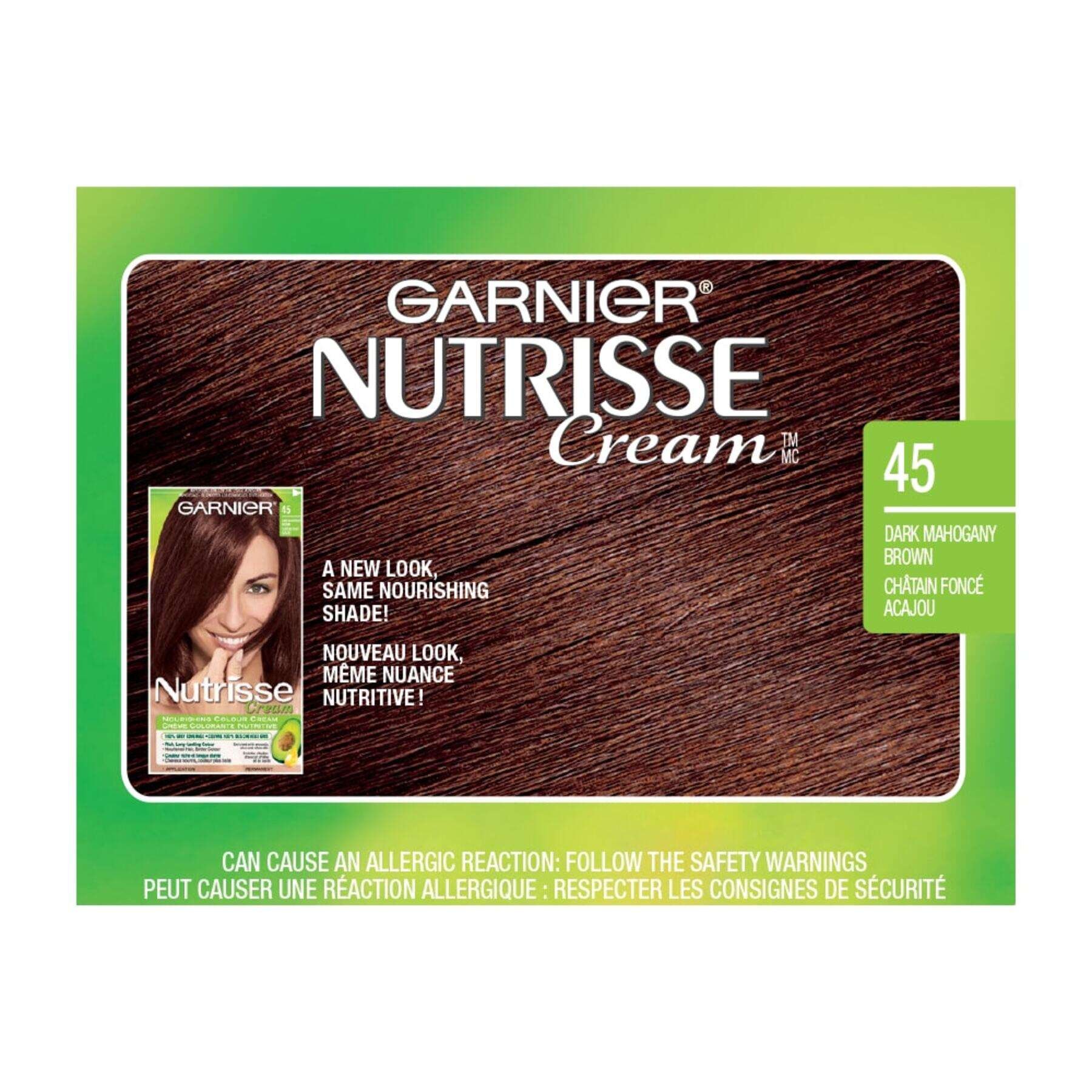 garnier hair dye nutrisse cream 45 dark mahogany brown 0770103447070 swatch
