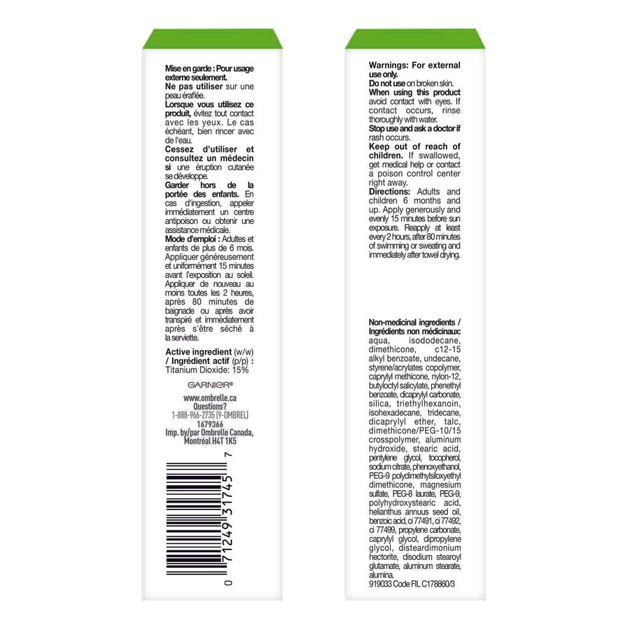 Ombrelle Mineral Face SPF 60 Sunscreen 50 ml Garnier CA